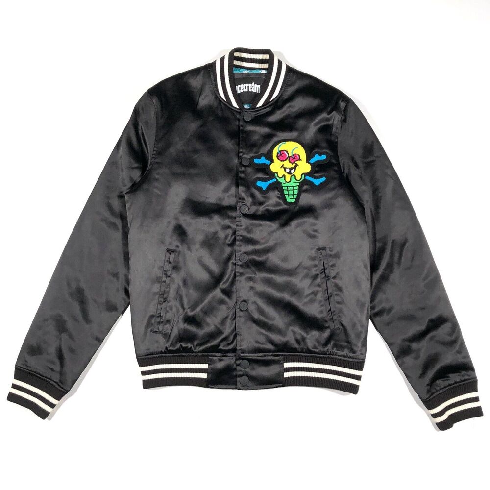 SS22 Ice Cream Cone Logo Bones Black Satin Bomber Jacket Coat Size Small S B5